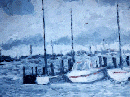 painting of bridge and ships