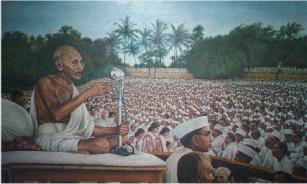 picture of Ghandi and crowd