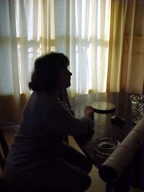 outline of Janet thru kitchen window
