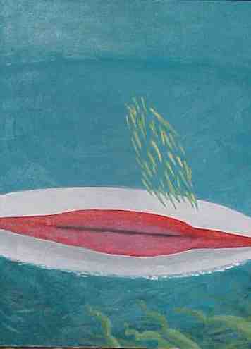 painting looking up from under a canoe in the water